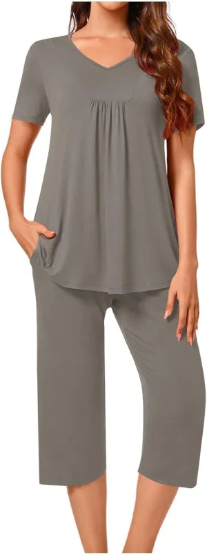 Women's Summer 2 Piece Outfits Lounge Pajama Soft Loungewear Sets Comfy Short Sleeve Sleepwear Top and Capri Pants Sets