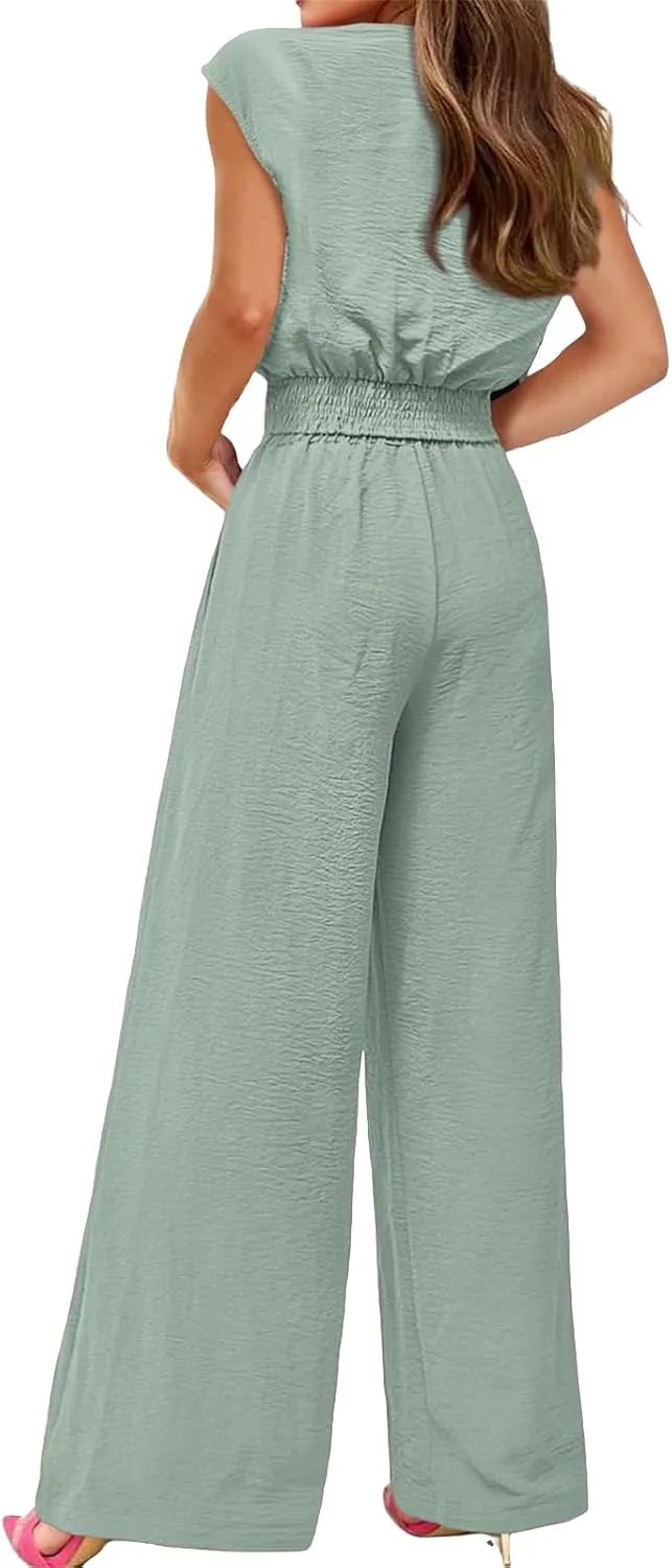 Womens Summer 2 Piece Outfits Strappy Crop Top and Elastic Pants Casual Wide Leg Pant Sets Tracksuit Lounge Wear