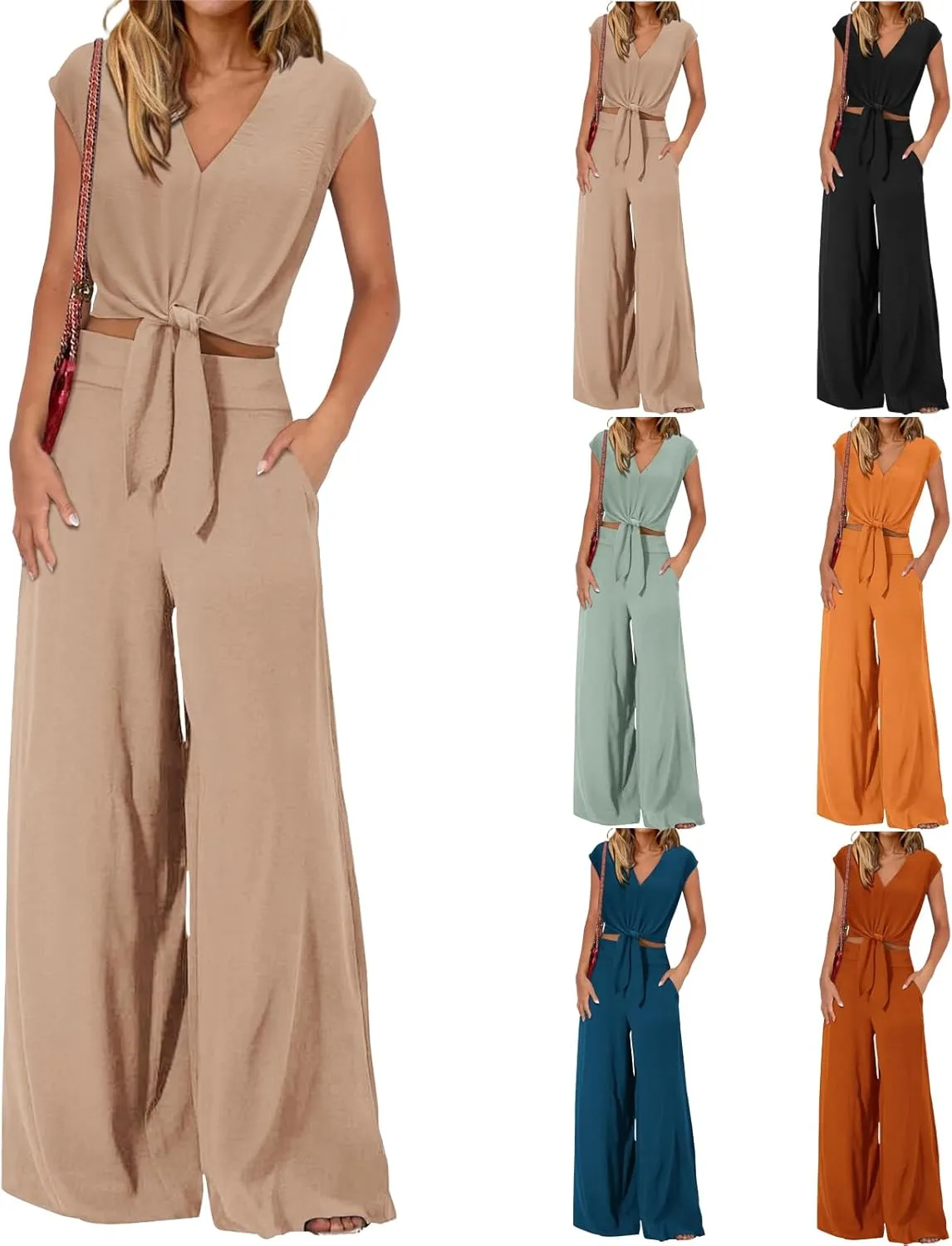 Womens Summer 2 Piece Outfits Strappy Crop Top and Elastic Pants Casual Wide Leg Pant Sets Tracksuit Lounge Wear