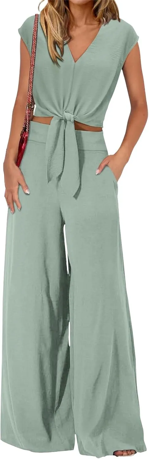 Womens Summer 2 Piece Outfits Strappy Crop Top and Elastic Pants Casual Wide Leg Pant Sets Tracksuit Lounge Wear
