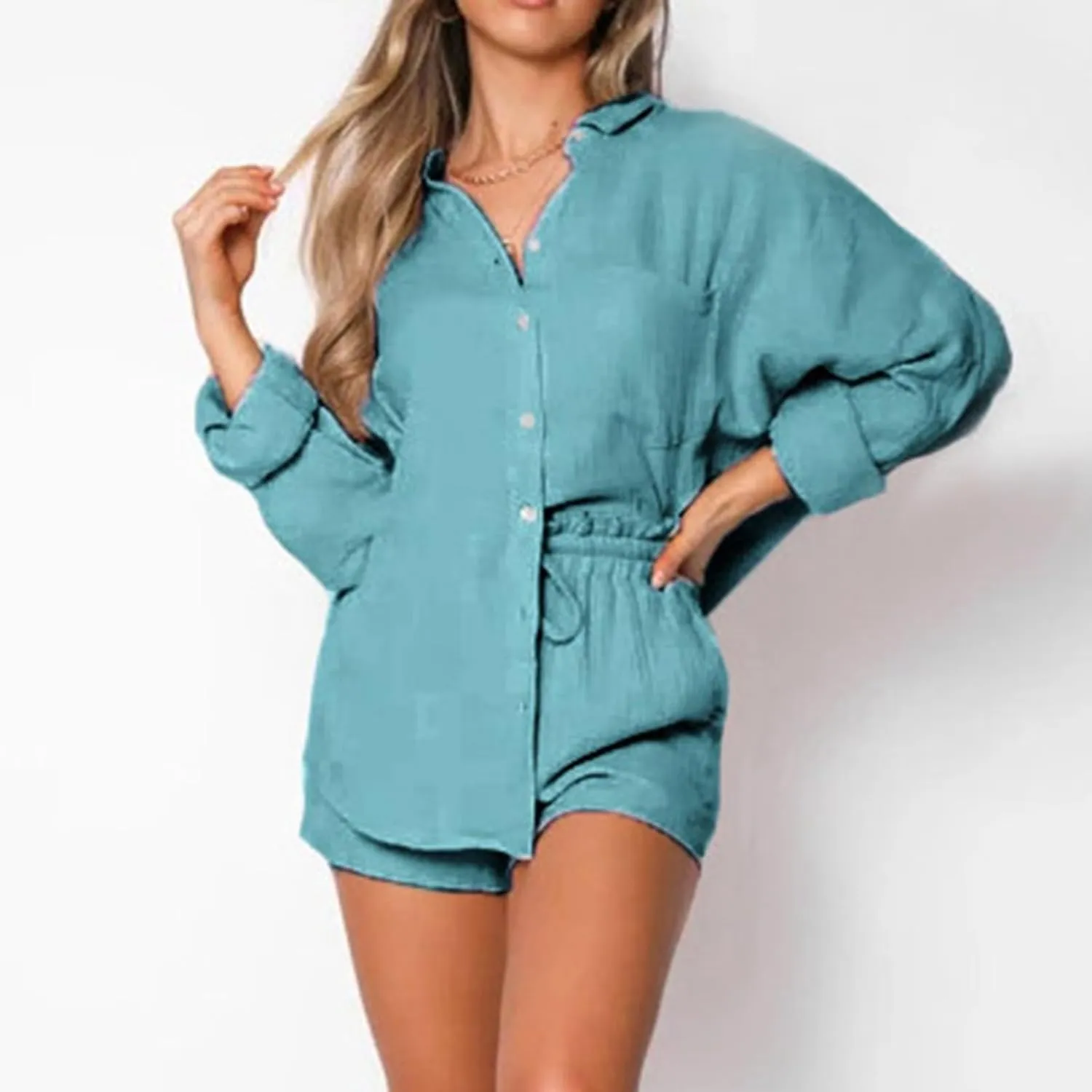 Women's Summer 2 Piece Outfits Two Piece Tracksuit Button down 3/4 Sleeve Shirt and Shorts Set Fashion Trendy Clothes