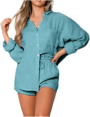 Women's Summer 2 Piece Outfits Two Piece Tracksuit Button down 3/4 Sleeve Shirt and Shorts Set Fashion Trendy Clothes