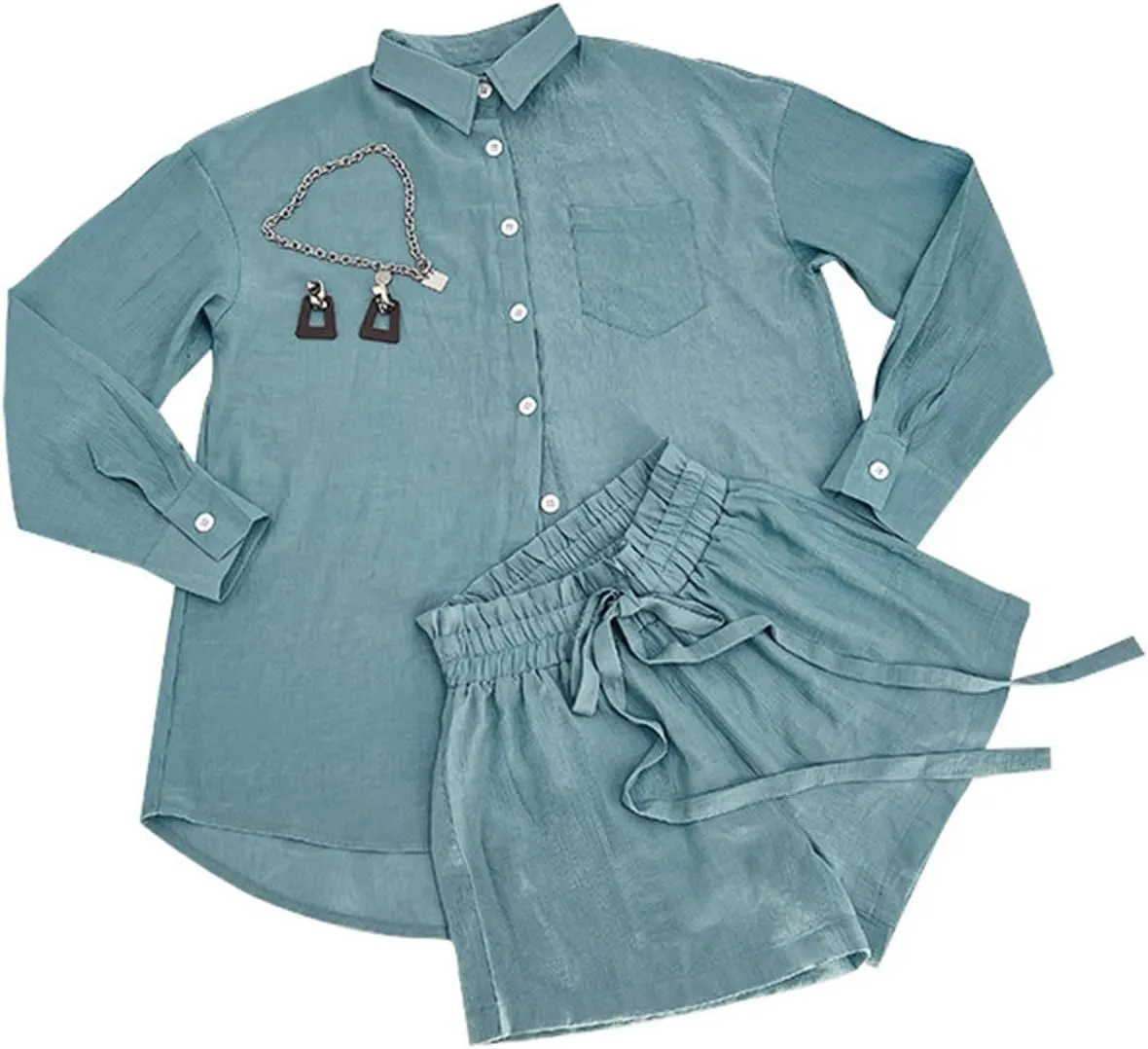 Women's Summer 2 Piece Outfits Two Piece Tracksuit Button down 3/4 Sleeve Shirt and Shorts Set Fashion Trendy Clothes
