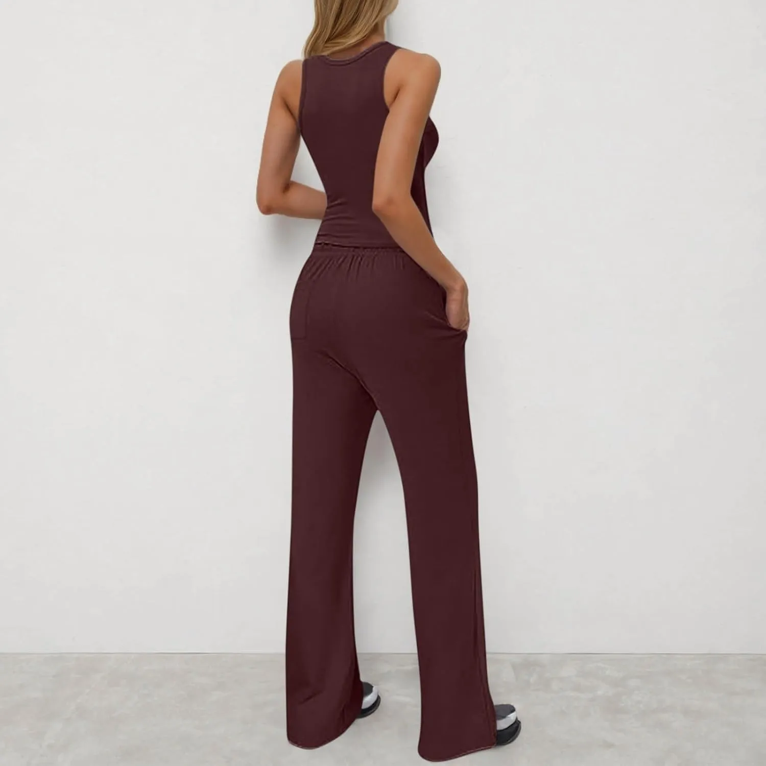Womens Summer Casual Two Piece Outfits Sleeveless Cropped Tank Tops High Waist Wide Leg Pants Tracksuits