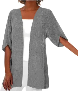 Womens Summer Cotten Linen Cardigan 3/4 Sleeve Open Front Casual Loose Lightweight Cover Ups Trendy