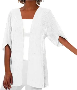 Womens Summer Cotten Linen Cardigan 3/4 Sleeve Open Front Casual Loose Lightweight Cover Ups Trendy