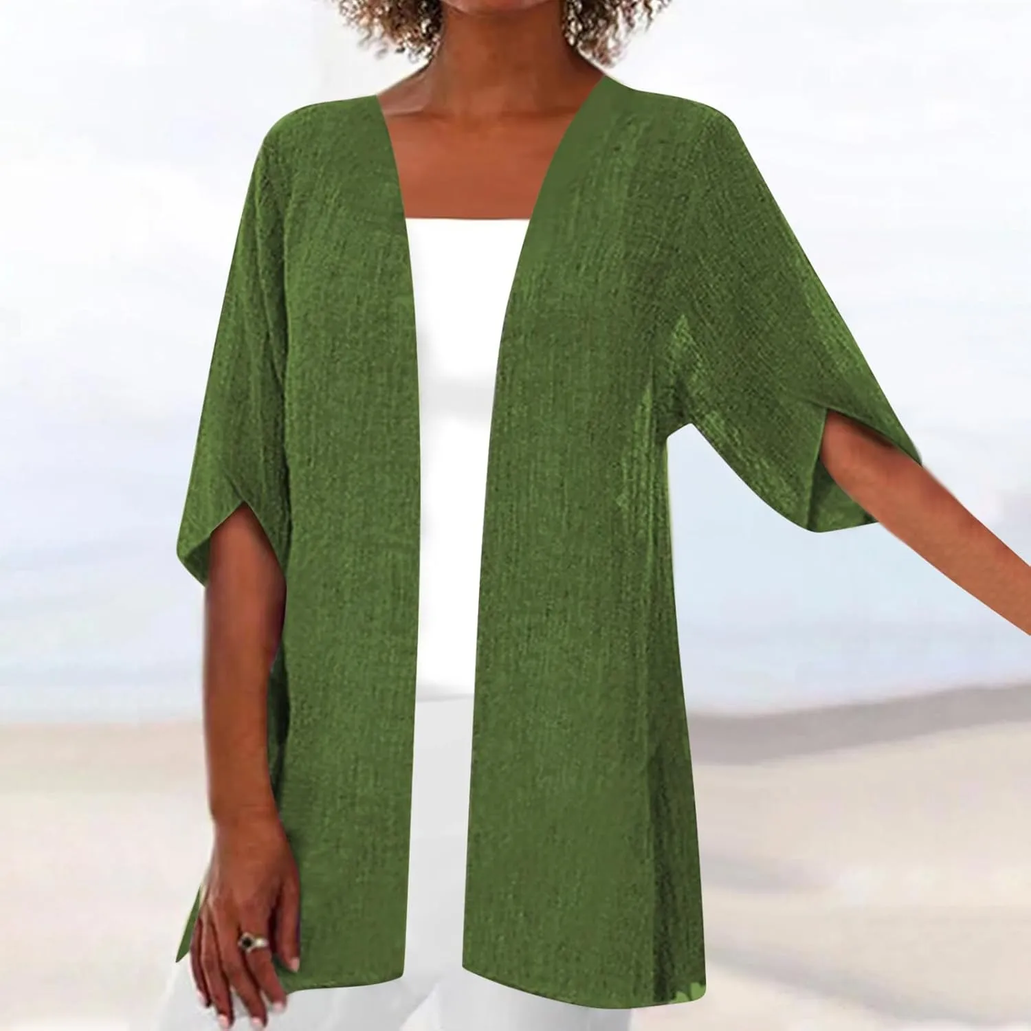 Womens Summer Cotten Linen Cardigan 3/4 Sleeve Open Front Casual Loose Lightweight Cover Ups Trendy