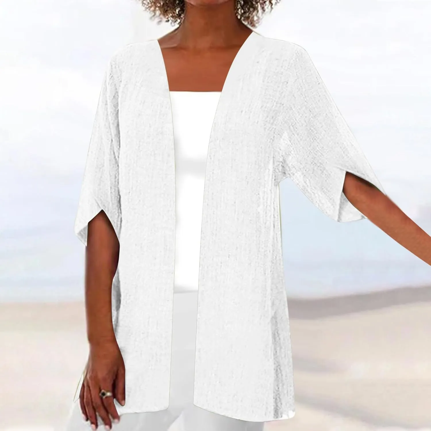 Womens Summer Cotten Linen Cardigan 3/4 Sleeve Open Front Casual Loose Lightweight Cover Ups Trendy
