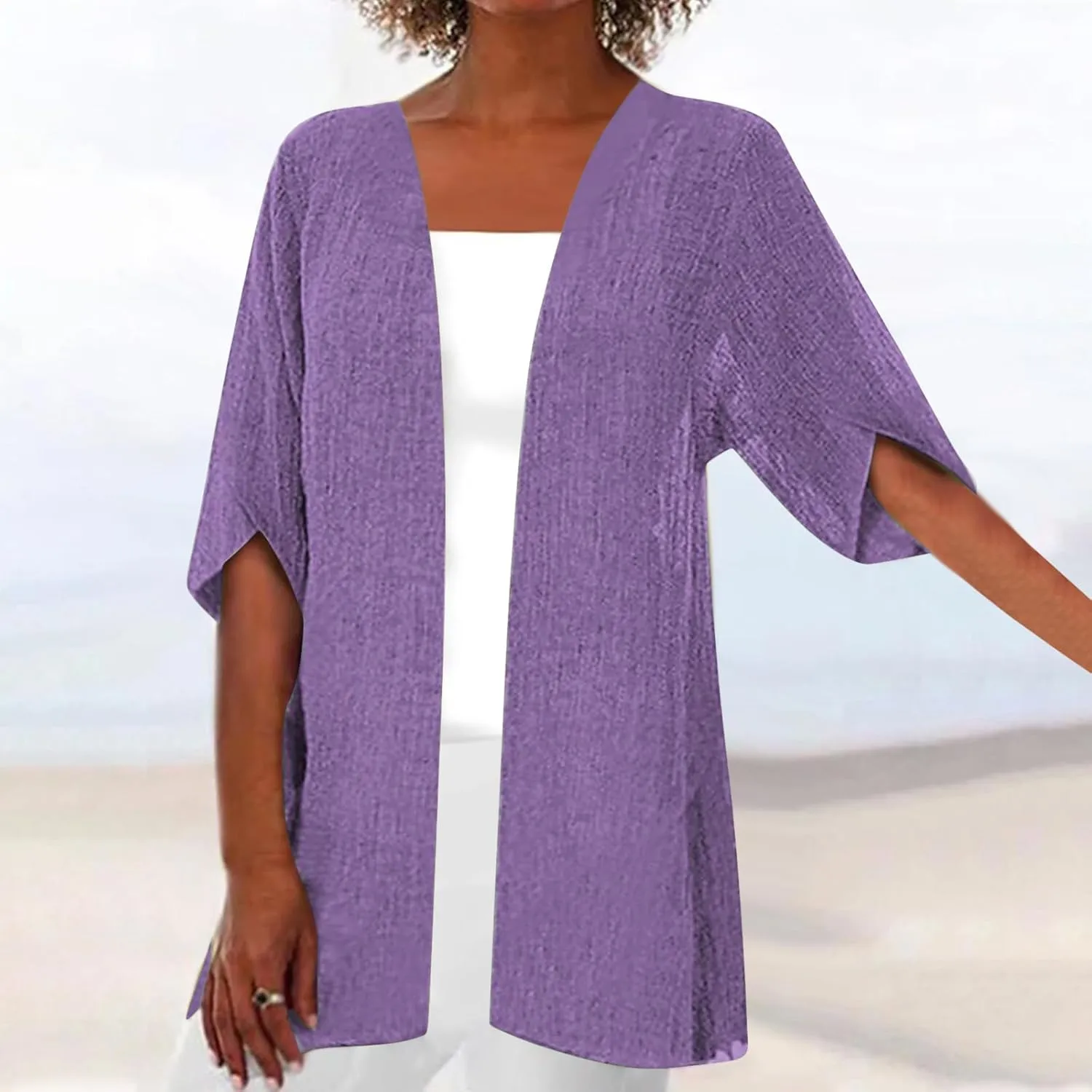 Womens Summer Cotten Linen Cardigan 3/4 Sleeve Open Front Casual Loose Lightweight Cover Ups Trendy