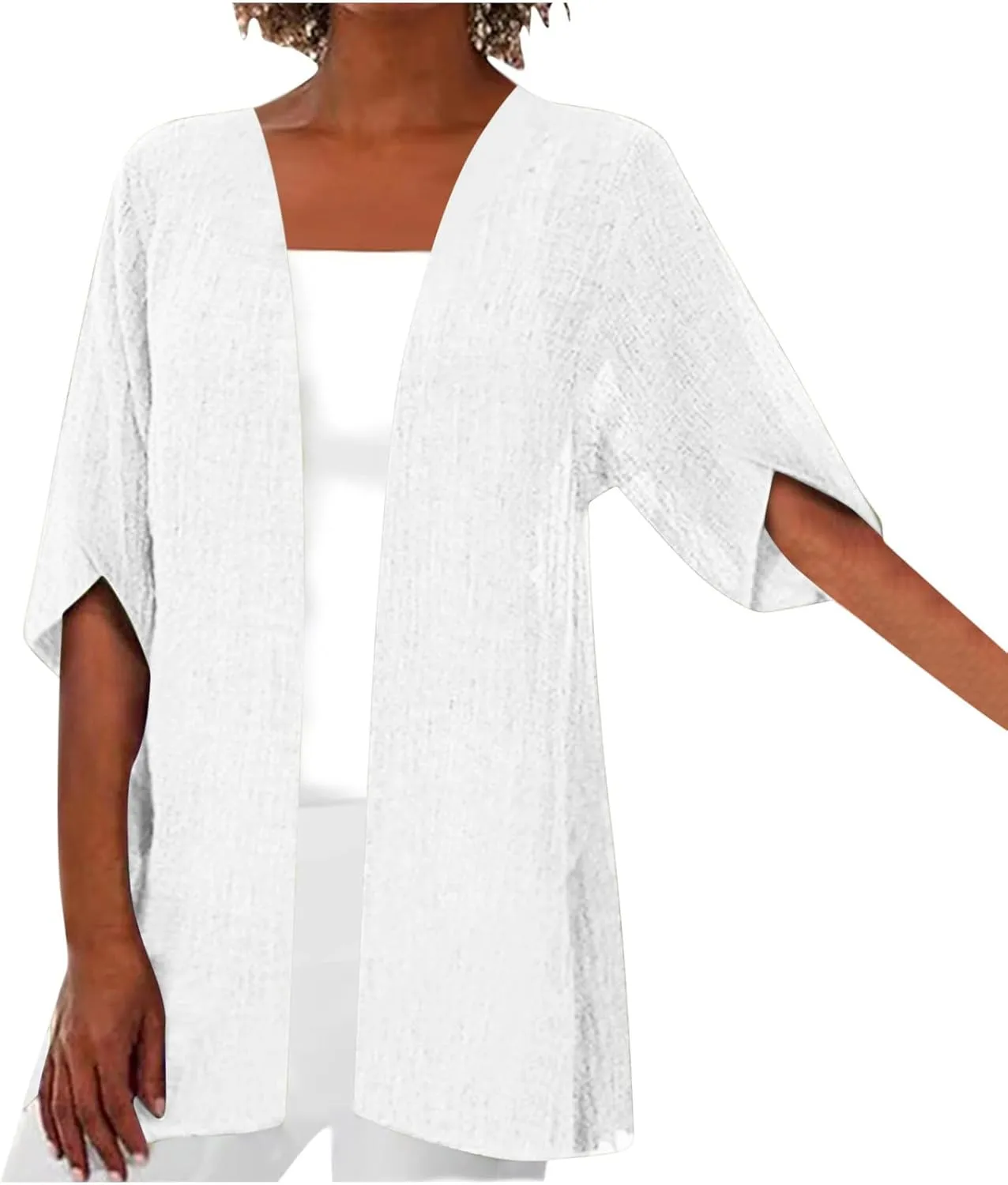 Womens Summer Cotten Linen Cardigan 3/4 Sleeve Open Front Casual Loose Lightweight Cover Ups Trendy