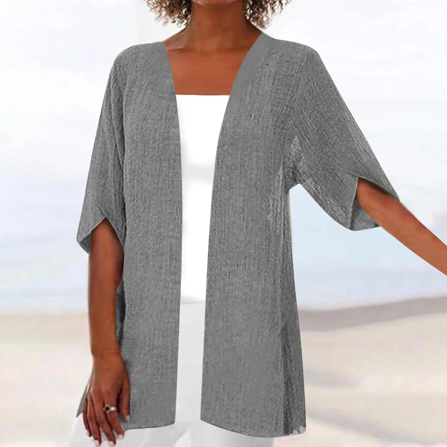 Womens Summer Cotten Linen Cardigan 3/4 Sleeve Open Front Casual Loose Lightweight Cover Ups Trendy