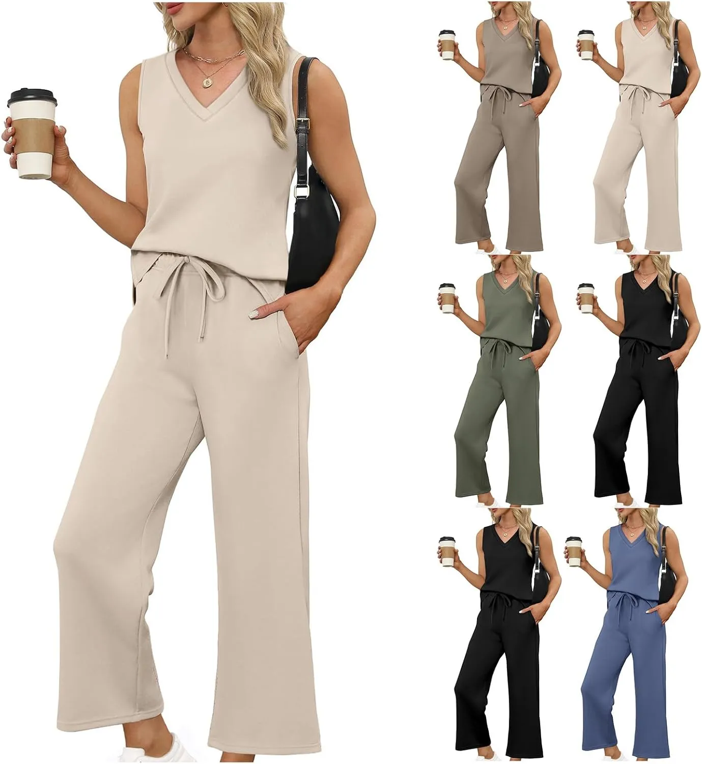 Womens Sweatsuit Sets Two Piece Outfits Sleeveless V Neck Tops Cropped Wide Leg Pants Loungewear Sets