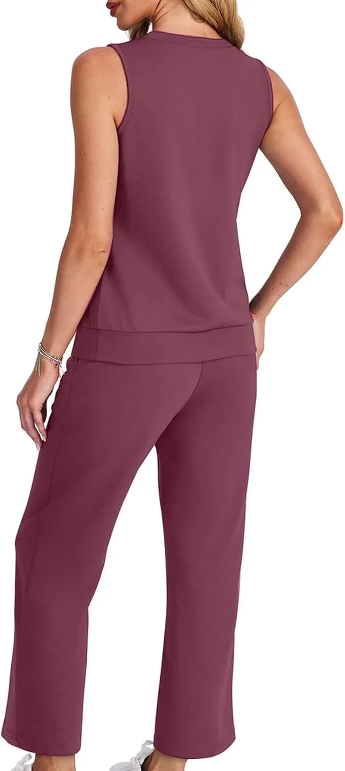 Womens Sweatsuit Sets Two Piece Outfits Sleeveless V Neck Tops Cropped Wide Leg Pants Loungewear Sets