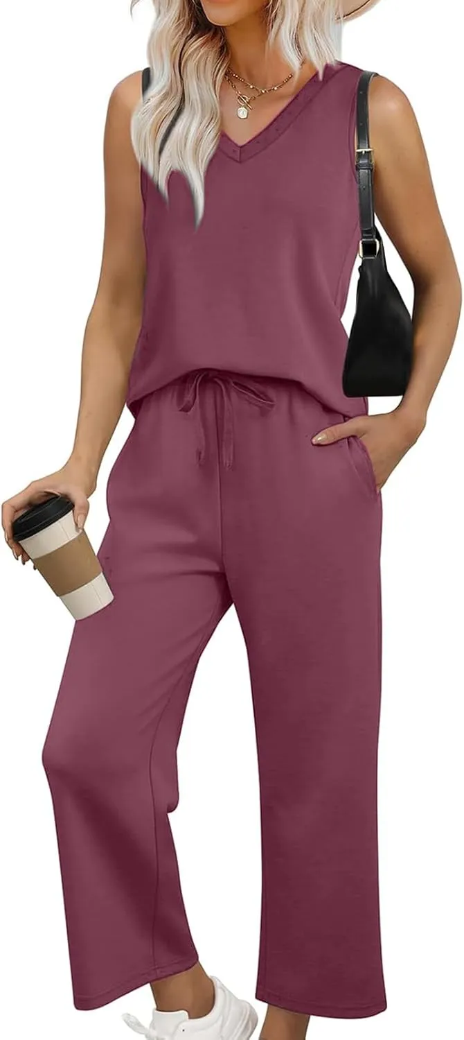 Womens Sweatsuit Sets Two Piece Outfits Sleeveless V Neck Tops Cropped Wide Leg Pants Loungewear Sets