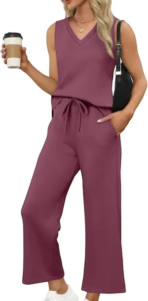 Womens Sweatsuit Sets Two Piece Outfits Sleeveless V Neck Tops Cropped Wide Leg Pants Loungewear Sets
