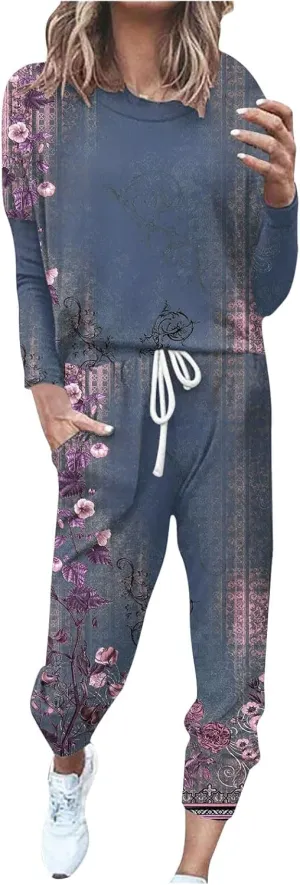 Womens Sweatsuits 2 Piece Set Sleeve Crewneck Pullover Tops and Long Pants Tracksuit Sweatsuits with Sweatpants