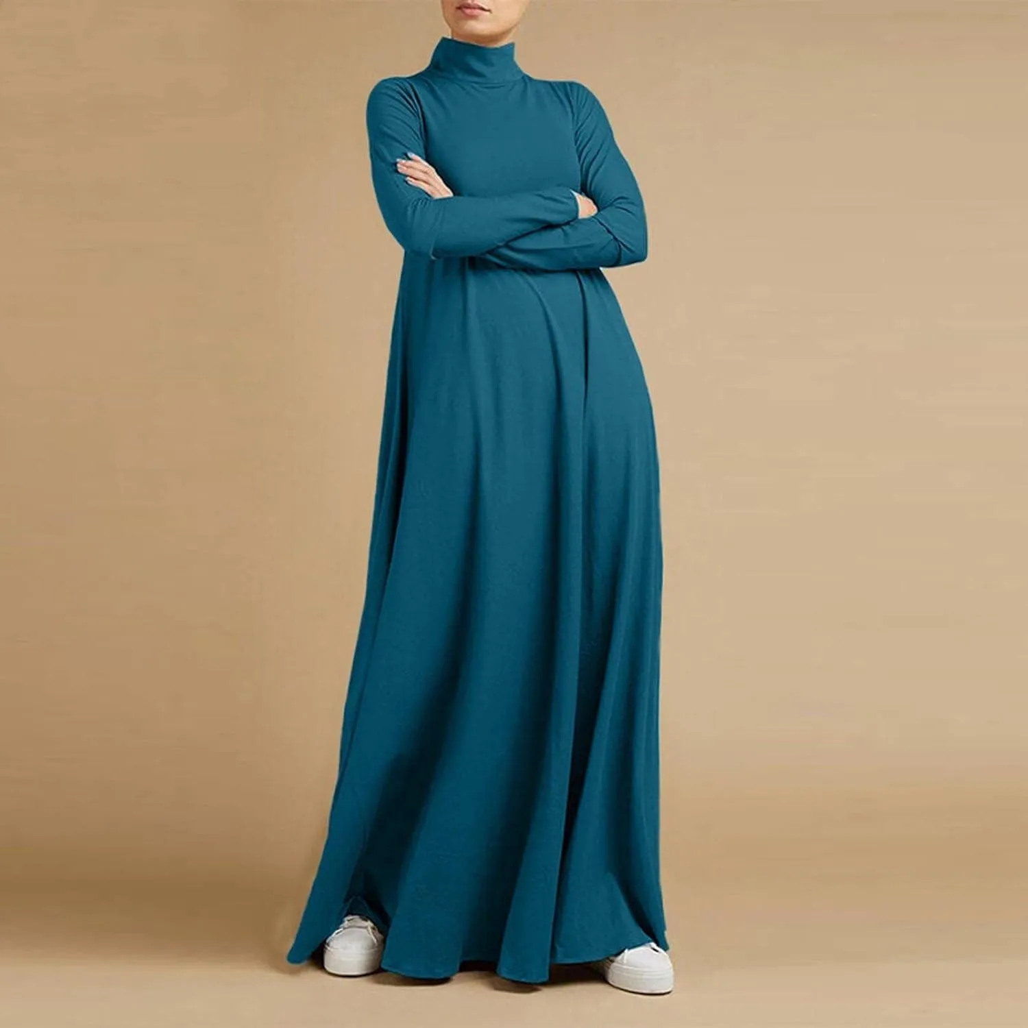 Womens Turtleneck Dresses Casual Long Sleeve Maxi Dress y2k Long Sleeve Floore Length A Line Swing Long Dress