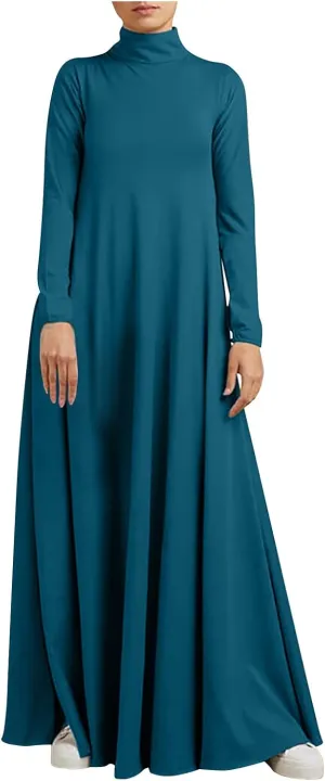 Womens Turtleneck Dresses Casual Long Sleeve Maxi Dress y2k Long Sleeve Floore Length A Line Swing Long Dress