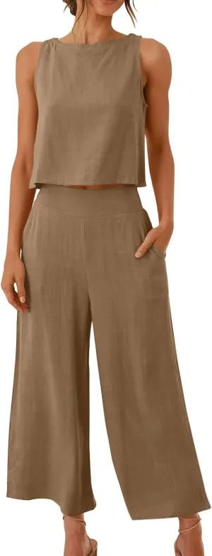 Women's Two Piece Linen Outfit Loose Cropped Tank Tops High Waist Wide Leg Pants Dressy Casual Outfit Loungewear Sets