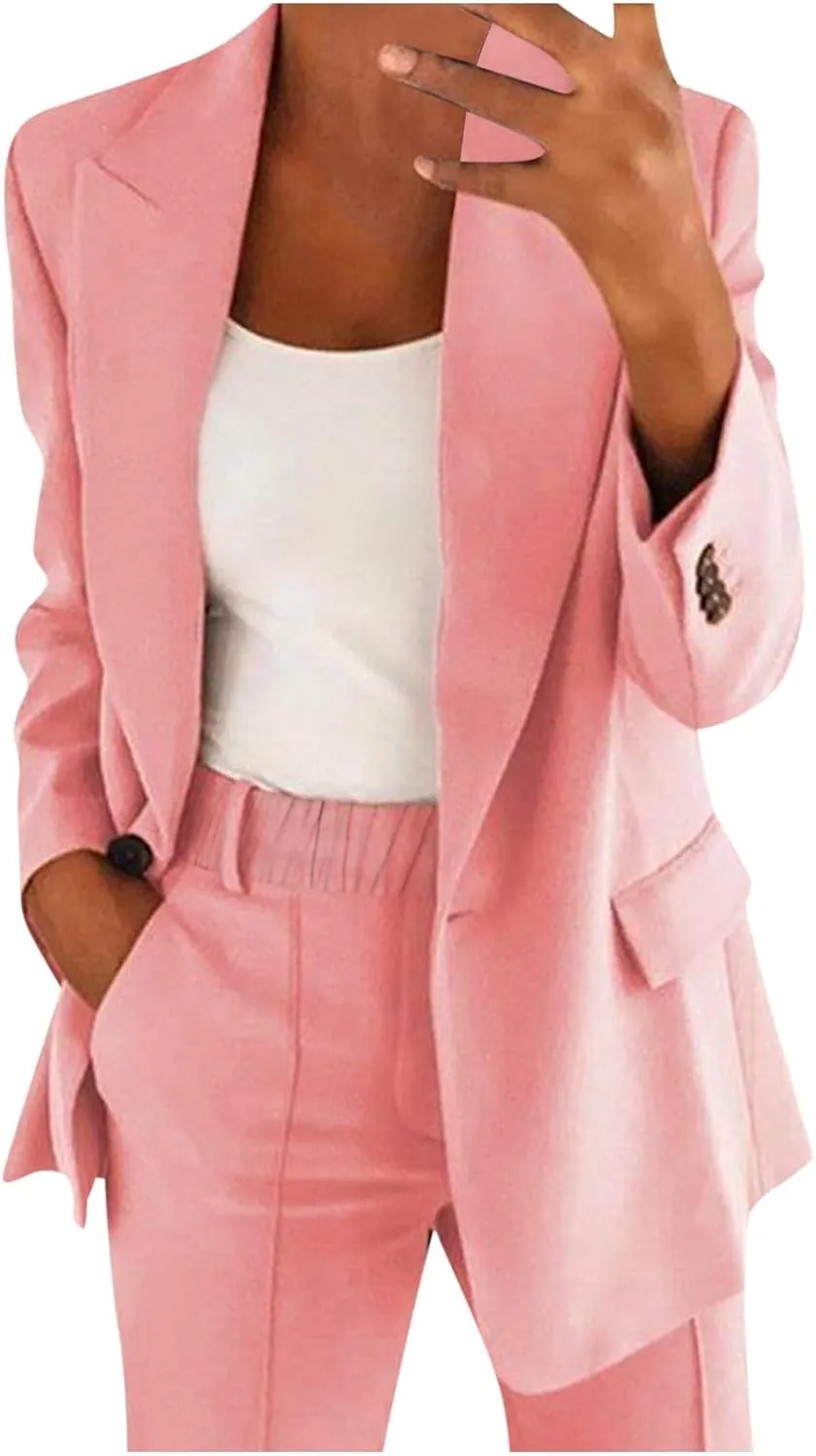 Women's Two Piece Outfits Blazer Jacket and Straight Leg Pants Suits 2024 Spring Fall Business Casual Suit Sets