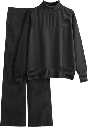 Women's Two Piece Outfits Sweater Sets Long Sleeve Knit Pullover Tops Wide Leg Pants Winter Lounge Loungewear Sets