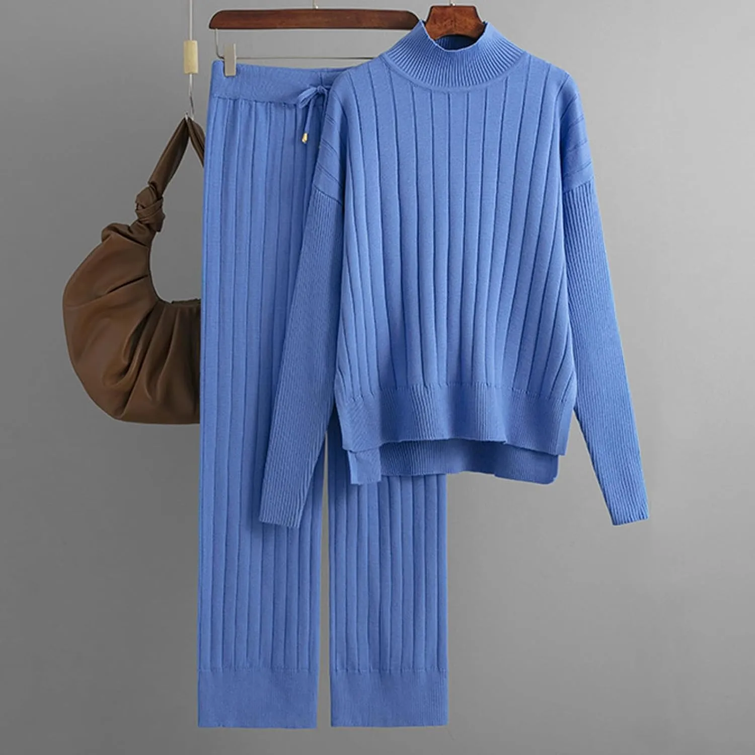 Women's Two Piece Outfits Sweater Sets Long Sleeve Knit Pullover Tops Wide Leg Pants Winter Lounge Loungewear Sets
