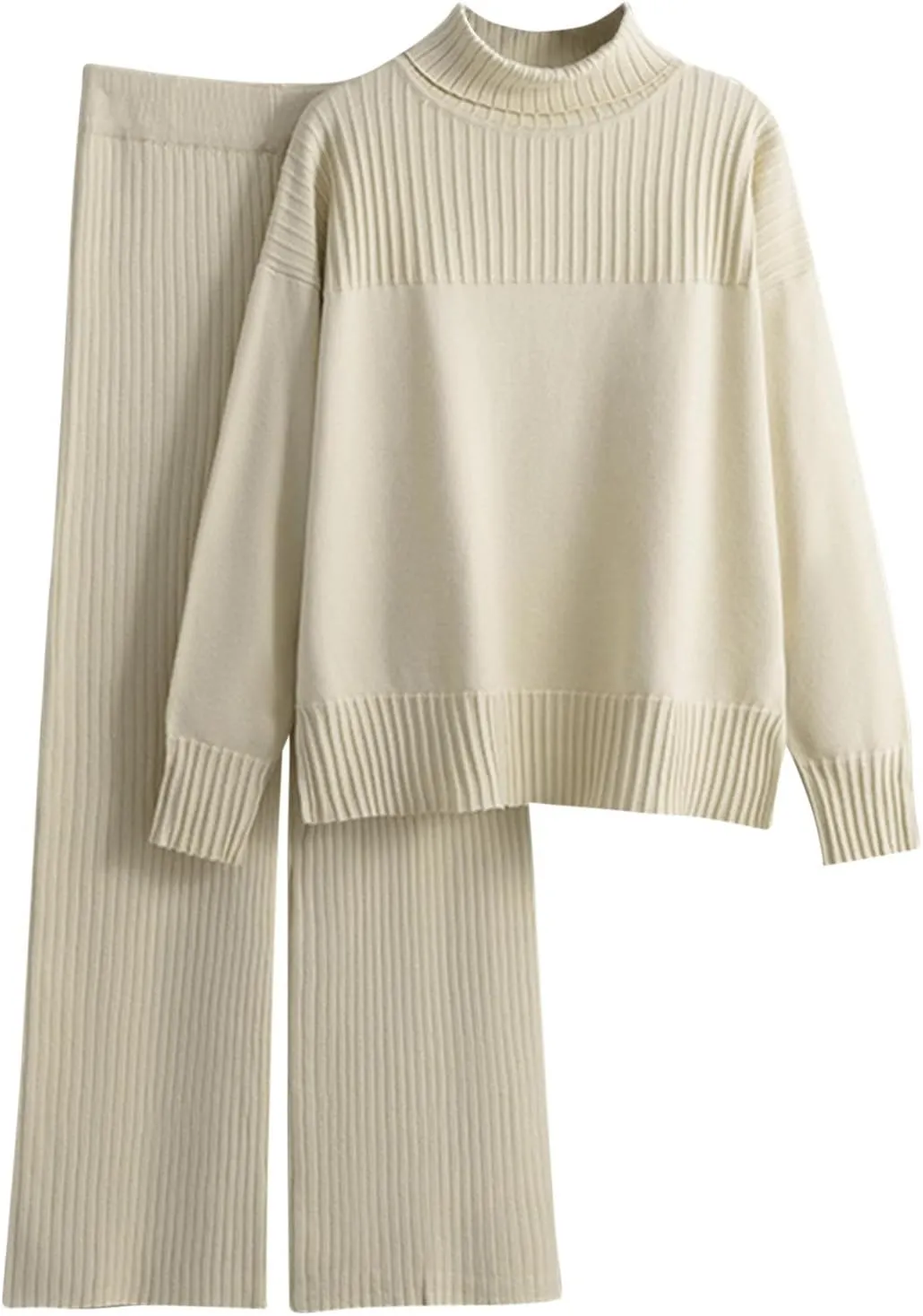 Women's Two Piece Outfits Sweater Sets Long Sleeve Knit Pullover Tops Wide Leg Pants Winter Lounge Loungewear Sets