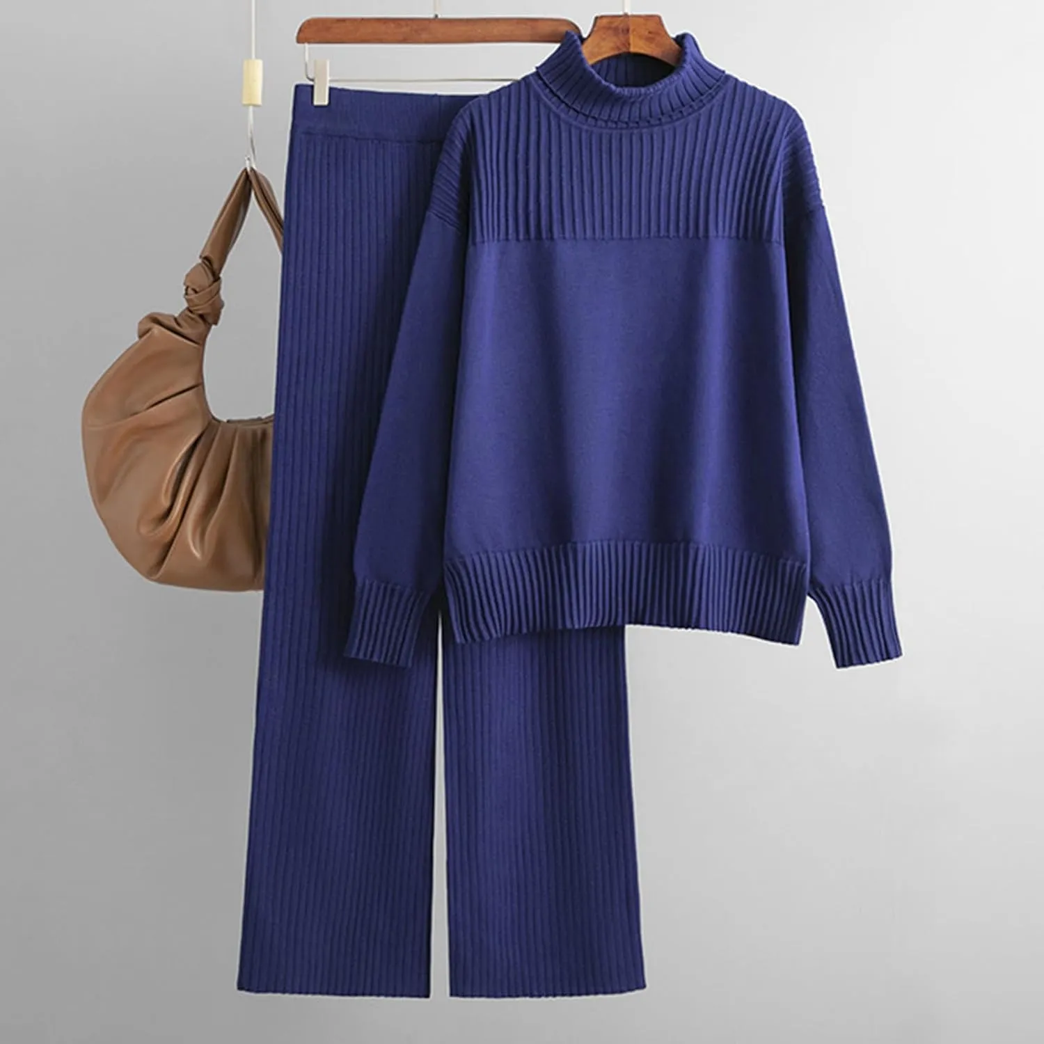 Women's Two Piece Outfits Sweater Sets Long Sleeve Knit Pullover Tops Wide Leg Pants Winter Lounge Loungewear Sets