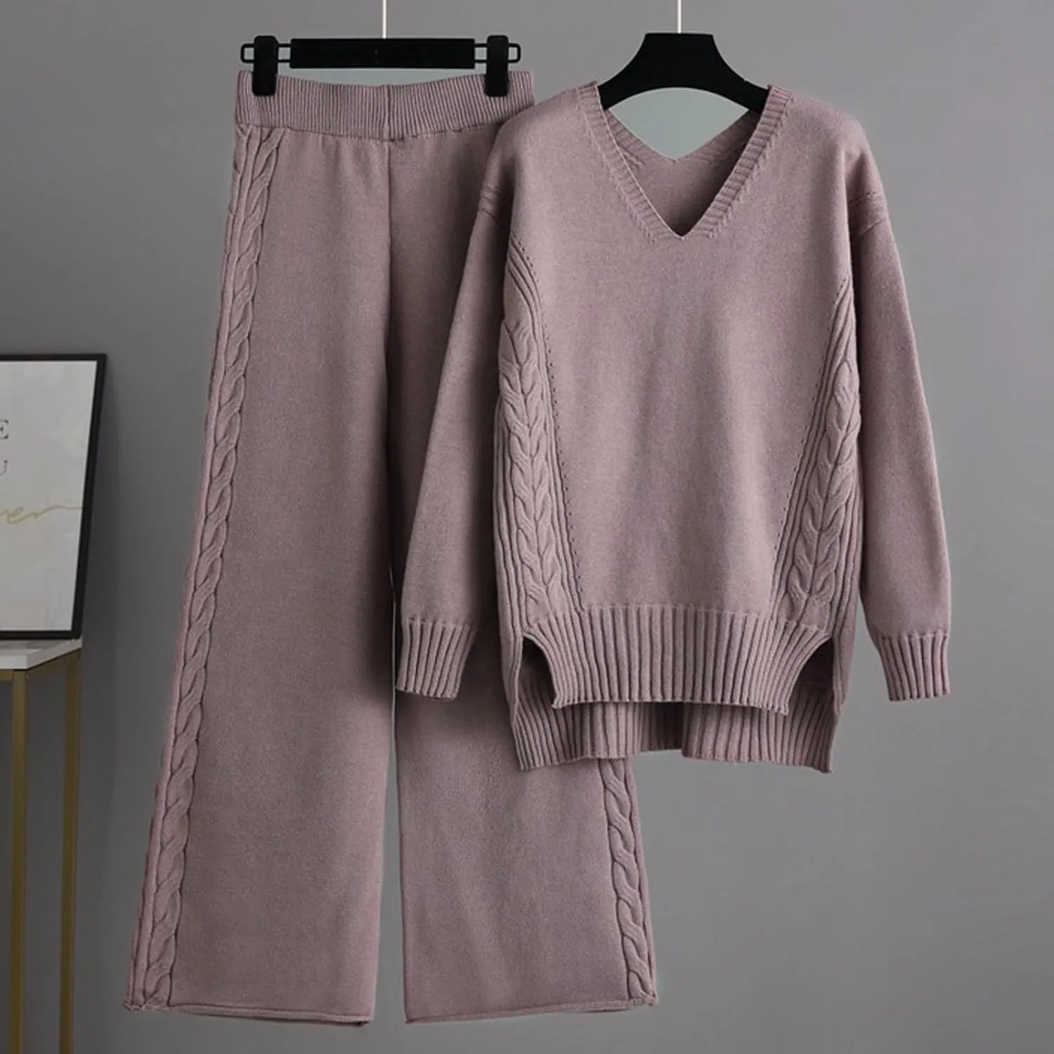 Women's Two Piece Outfits Sweater Sets Long Sleeve Knit Pullover Tops Wide Leg Pants Winter Lounge Loungewear Sets