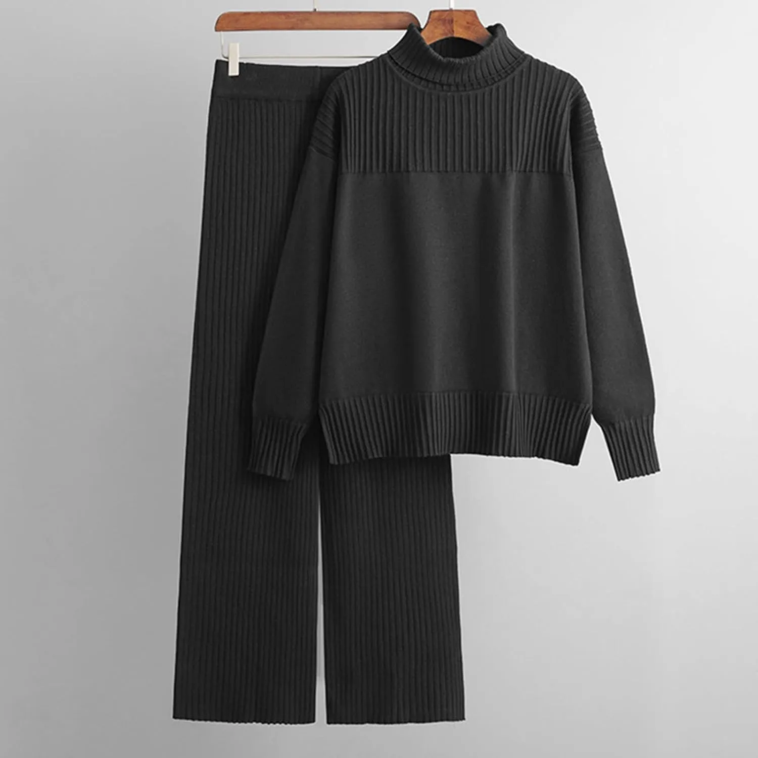 Women's Two Piece Outfits Sweater Sets Long Sleeve Knit Pullover Tops Wide Leg Pants Winter Lounge Loungewear Sets
