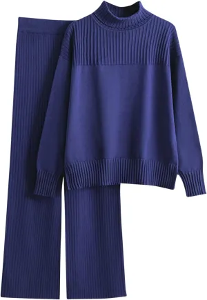 Women's Two Piece Outfits Sweater Sets Long Sleeve Knit Pullover Tops Wide Leg Pants Winter Lounge Loungewear Sets