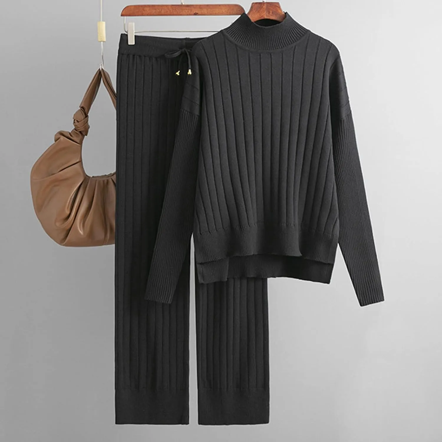 Women's Two Piece Outfits Sweater Sets Long Sleeve Knit Pullover Tops Wide Leg Pants Winter Lounge Loungewear Sets