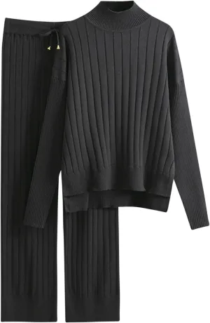 Women's Two Piece Outfits Sweater Sets Long Sleeve Knit Pullover Tops Wide Leg Pants Winter Lounge Loungewear Sets