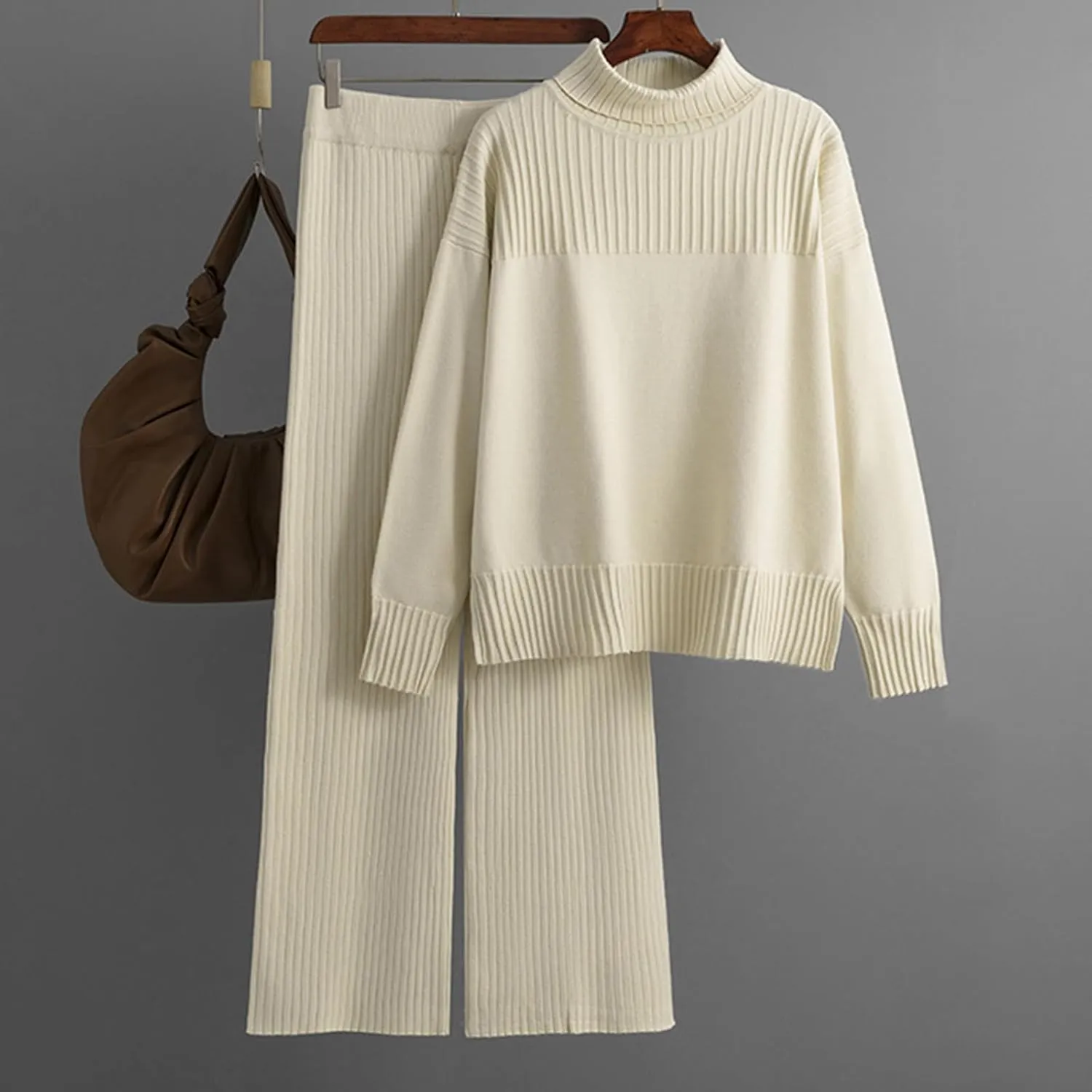Women's Two Piece Outfits Sweater Sets Long Sleeve Knit Pullover Tops Wide Leg Pants Winter Lounge Loungewear Sets