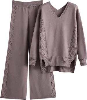 Women's Two Piece Outfits Sweater Sets Long Sleeve Knit Pullover Tops Wide Leg Pants Winter Lounge Loungewear Sets