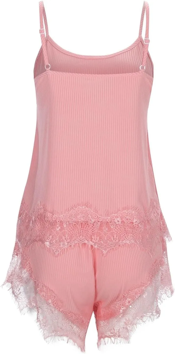 Women's Two Piece Sexy Pajamas Sets Cute Lace Trim Cami Tops Shorts Sleepwear Drawstring Lounge Camisoles Pj Set