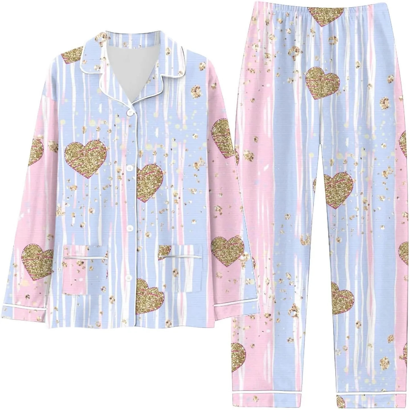 Womens Valentine's Day Pajama Set Long Sleeve Button Down Sleepwear Cute Heart Pj Set Women 2 Piece Pajamas Set