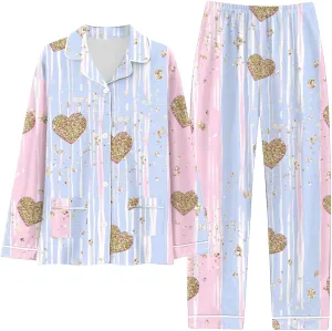 Womens Valentine's Day Pajama Set Long Sleeve Button Down Sleepwear Cute Heart Pj Set Women 2 Piece Pajamas Set