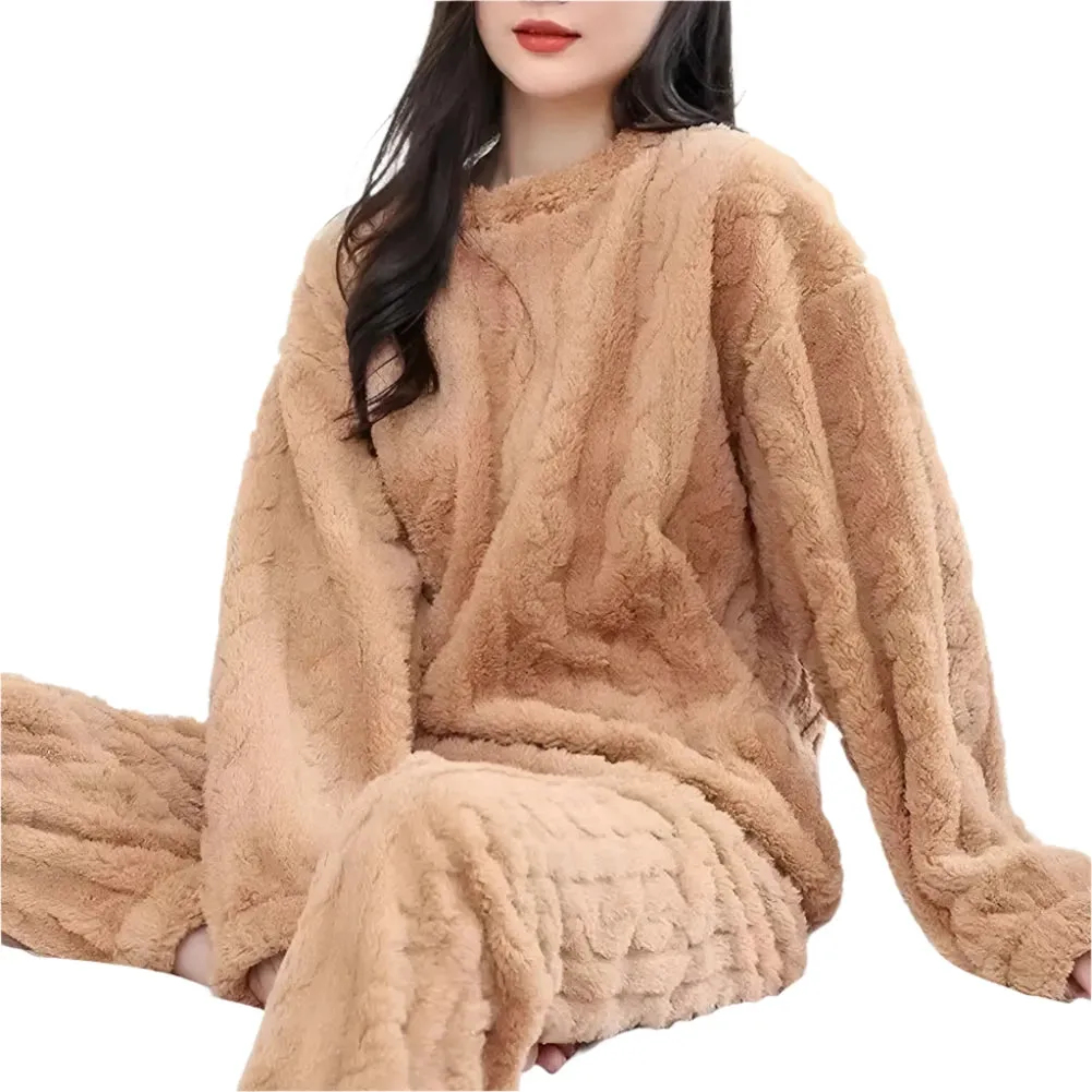Women's Warm 2-Piece Velvet Ribbed Pajama Set - Soft Fleece Pullover & Pants, Cozy Autumn Winter Loungewear