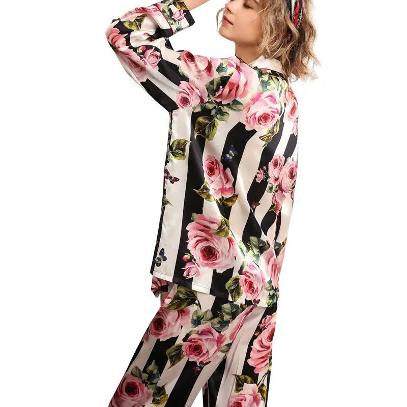 Women's White Silk luxury nightwear Striped Floral Silk Pajama Set