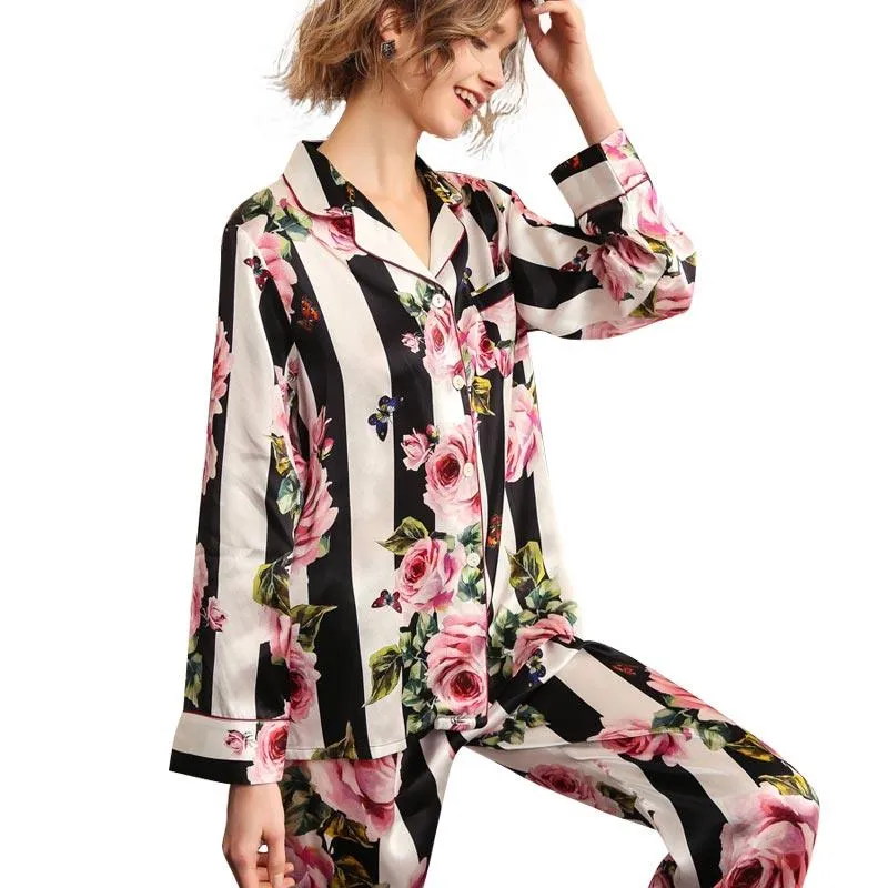 Women's White Silk luxury nightwear Striped Floral Silk Pajama Set