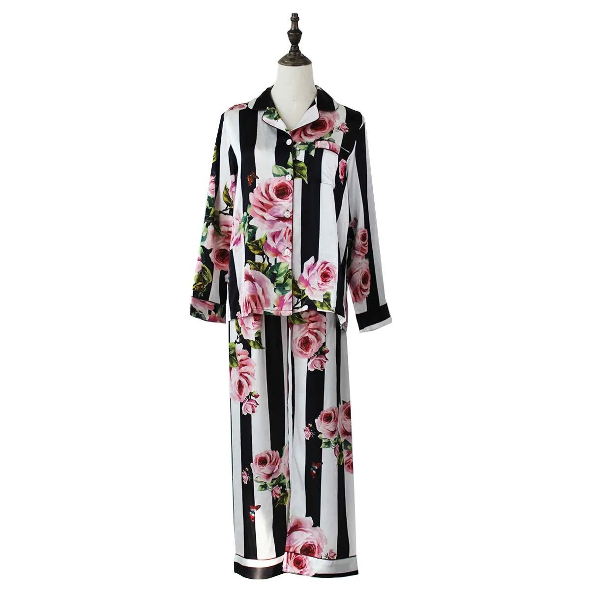 Women's White Silk luxury nightwear Striped Floral Silk Pajama Set