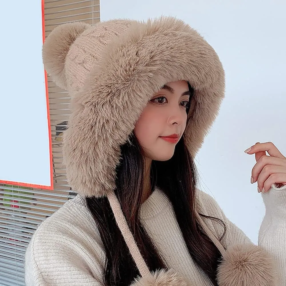 Womens Winter Knitted Beanie Hat, Soft Warm Fleece Lined Long Ear Straps Snow Ski Cap with Pompom, Winter Soft Warm Ski