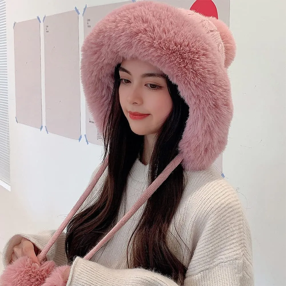Womens Winter Knitted Beanie Hat, Soft Warm Fleece Lined Long Ear Straps Snow Ski Cap with Pompom, Winter Soft Warm Ski