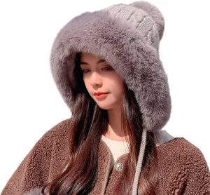 Womens Winter Knitted Beanie Hat, Soft Warm Fleece Lined Long Ear Straps Snow Ski Cap with Pompom, Winter Soft Warm Ski