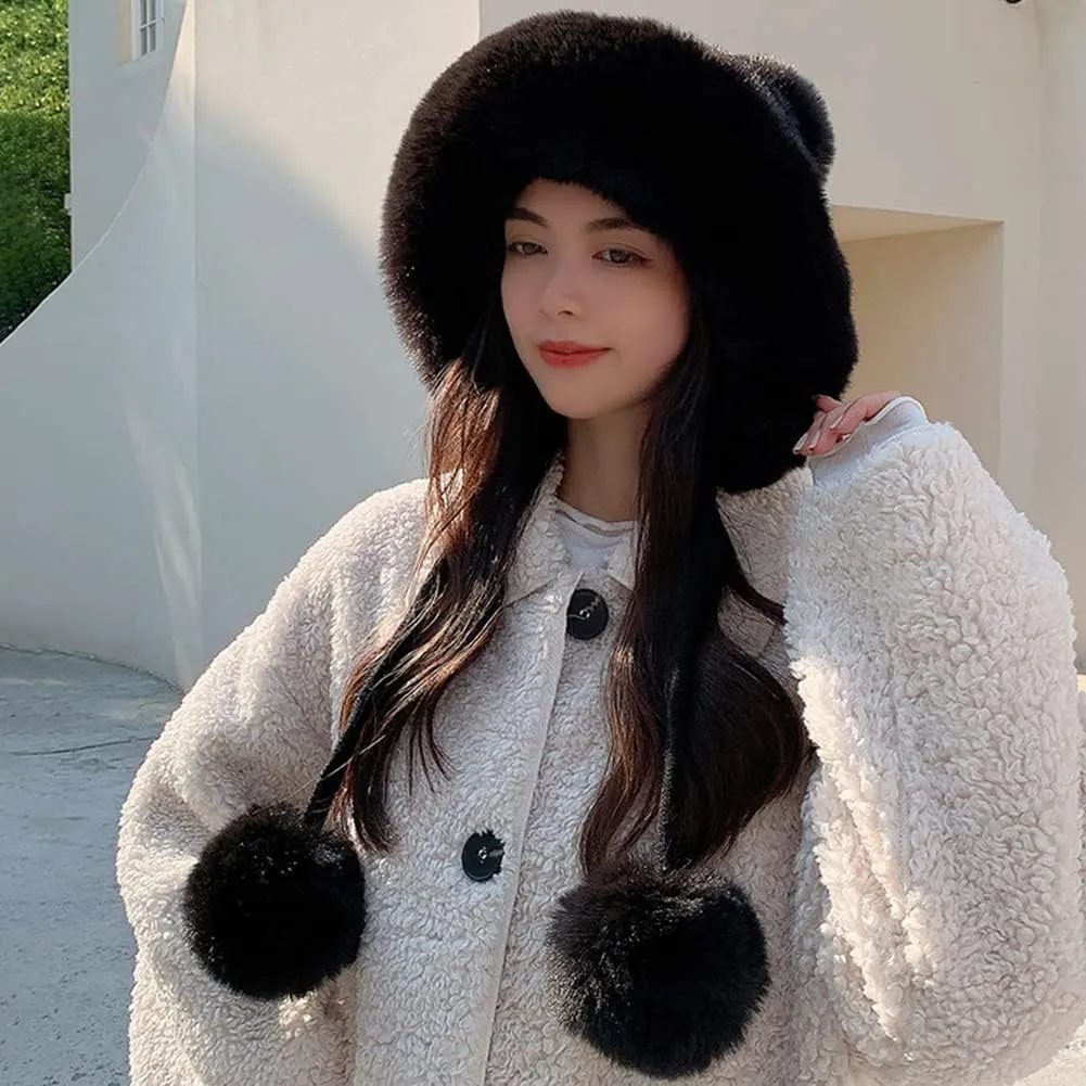 Womens Winter Knitted Beanie Hat, Soft Warm Fleece Lined Long Ear Straps Snow Ski Cap with Pompom, Winter Soft Warm Ski