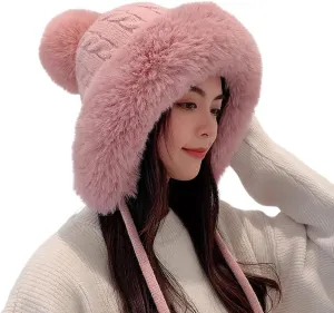 Womens Winter Knitted Beanie Hat, Soft Warm Fleece Lined Long Ear Straps Snow Ski Cap with Pompom, Winter Soft Warm Ski