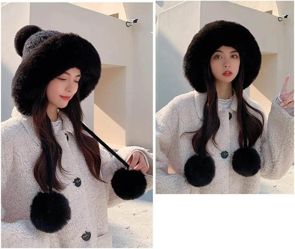 Womens Winter Knitted Beanie Hat, Soft Warm Fleece Lined Long Ear Straps Snow Ski Cap with Pompom, Winter Soft Warm Ski