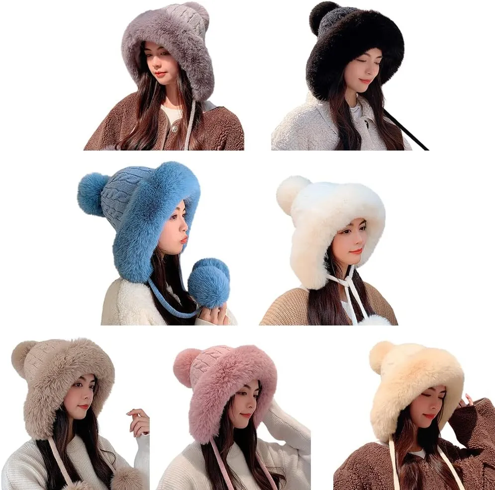 Womens Winter Knitted Beanie Hat, Soft Warm Fleece Lined Long Ear Straps Snow Ski Cap with Pompom, Winter Soft Warm Ski