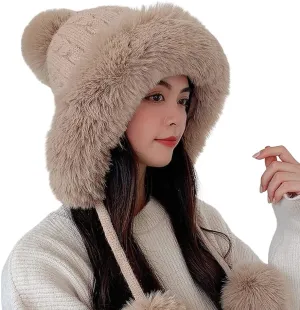 Womens Winter Knitted Beanie Hat, Soft Warm Fleece Lined Long Ear Straps Snow Ski Cap with Pompom, Winter Soft Warm Ski